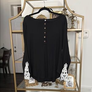 Black Button-Down Women's Top with Lace Accents